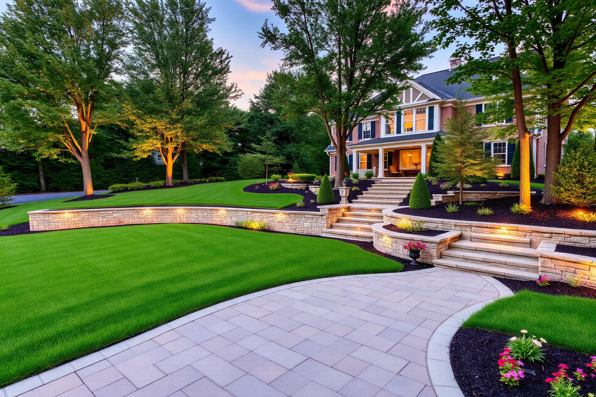 Beautifully landscaped Columbus Ohio property with stone retaining wall and paver walkway